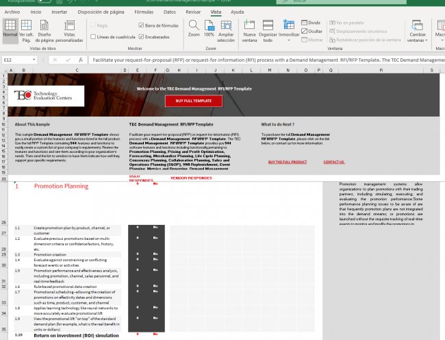 Plantilla RFP para Planificación de la Demanda (544 funcionalidades)